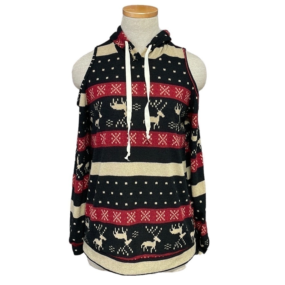 Miss U Sweater Womens Small Black Red NWT Winter Christmas Cold Shoulder Knit